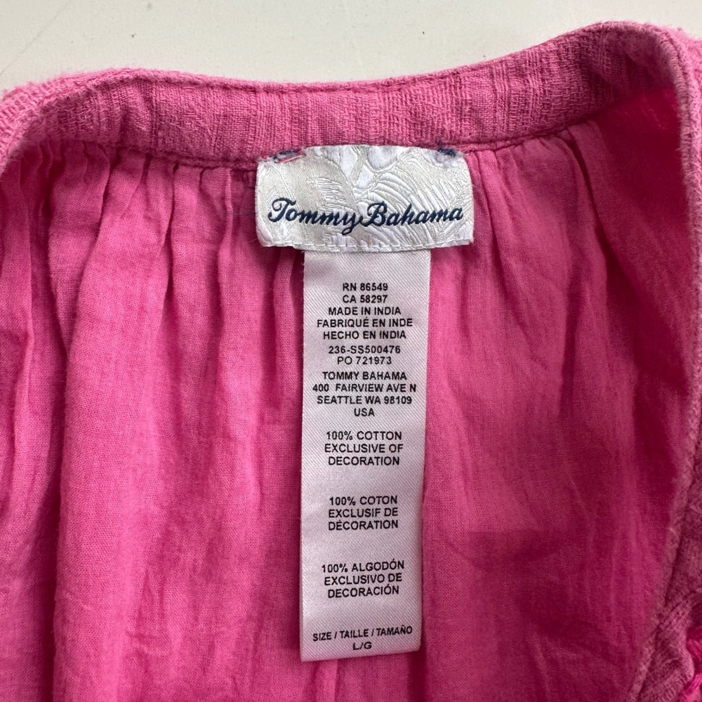 Tommy Bahama Pink Cotton Double Gauze Tiered Dress Womens L Tassel Pockets Mini - Picture 3 of 9